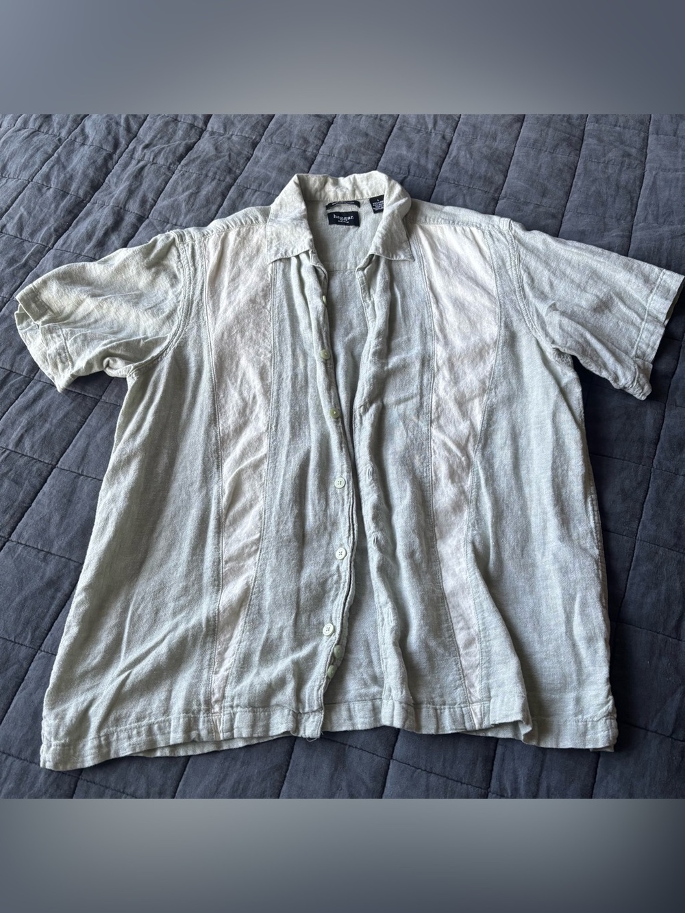 Men’s haggar washable linen blend green and cream button down shirt size large